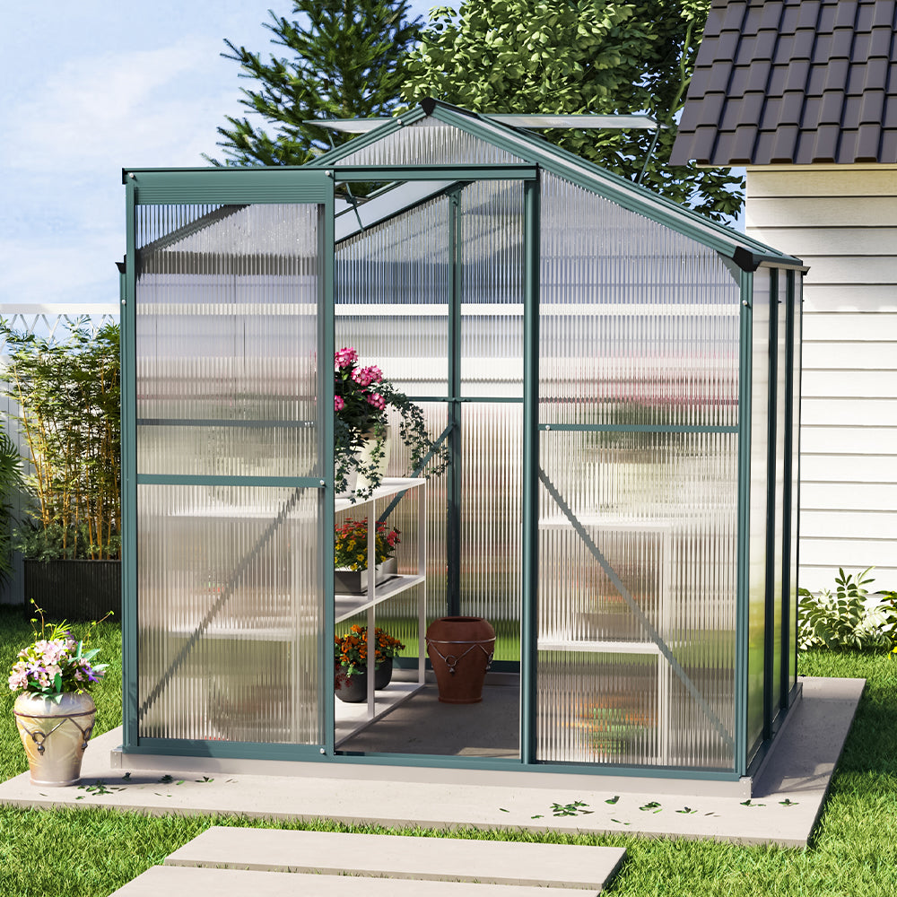 6x6ft Green Garden Greenhouse Without Base with Polycarbonate Panels and Roof Vent – Front View